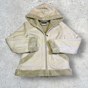 Mudd Women's Hooded Jacket Size Medium White Full Zip Faux Fur Trim